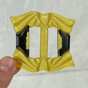 Vintage Carved Yellow Black Bakelite Fabric Belt Slide Buckle Art Deco Era